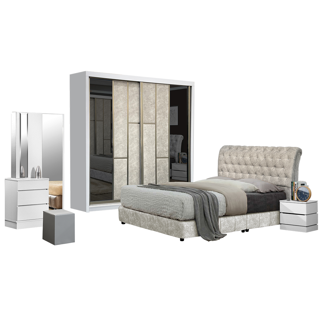 Diamond White Bedroom Set-Bedframe +Wardrobe +Dressing Table&Stool +Side Table