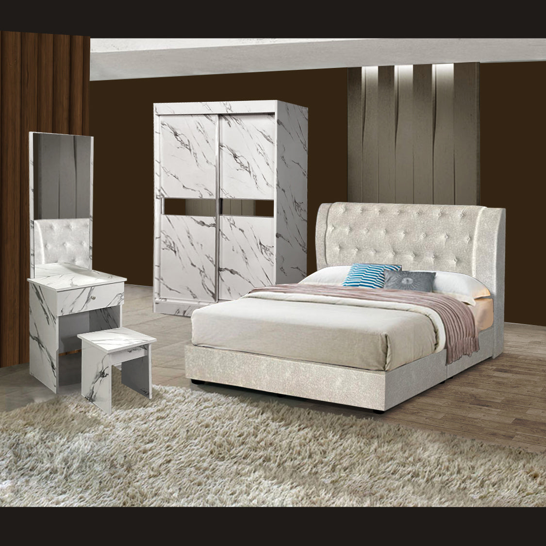 Leon Bedroom Set ~ Bedframe +Wardrobe + Dressing Table & Stool~ Bedroom ~ 套房 154-01