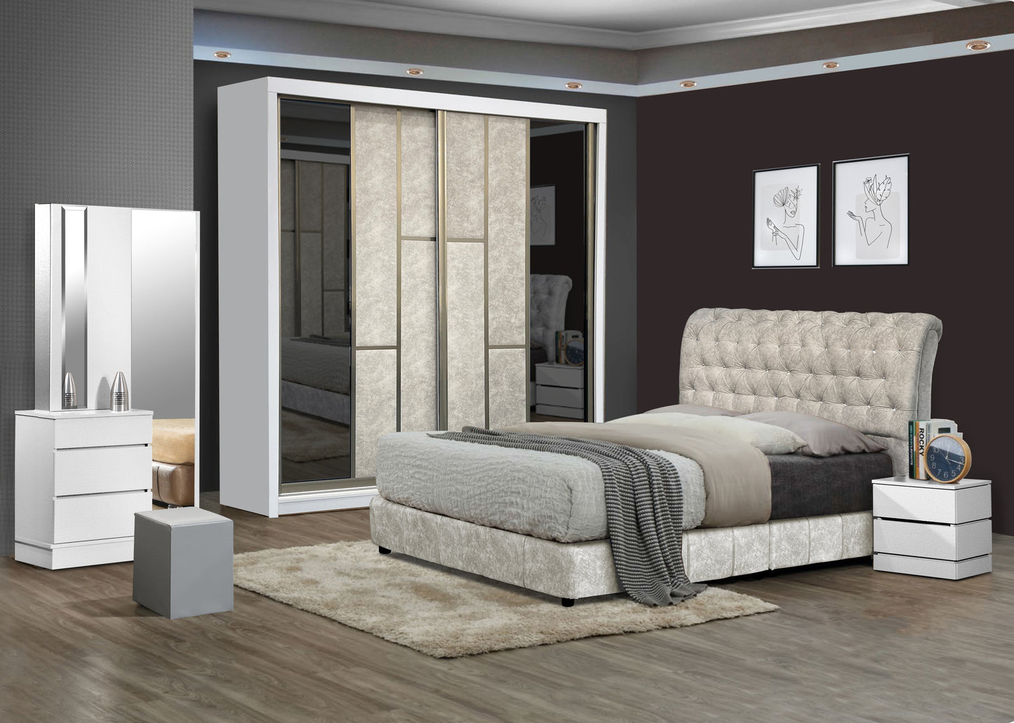 Diamond White Bedroom Set-Bedframe +Wardrobe +Dressing Table&Stool +Side Table