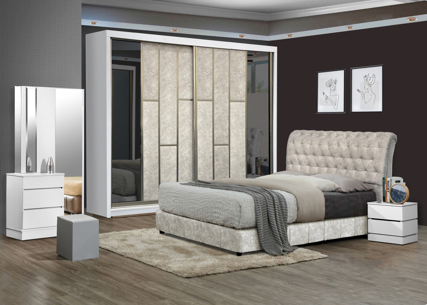 Diamond White Bedroom Set-Bedframe +Wardrobe +Dressing Table&Stool +Side Table