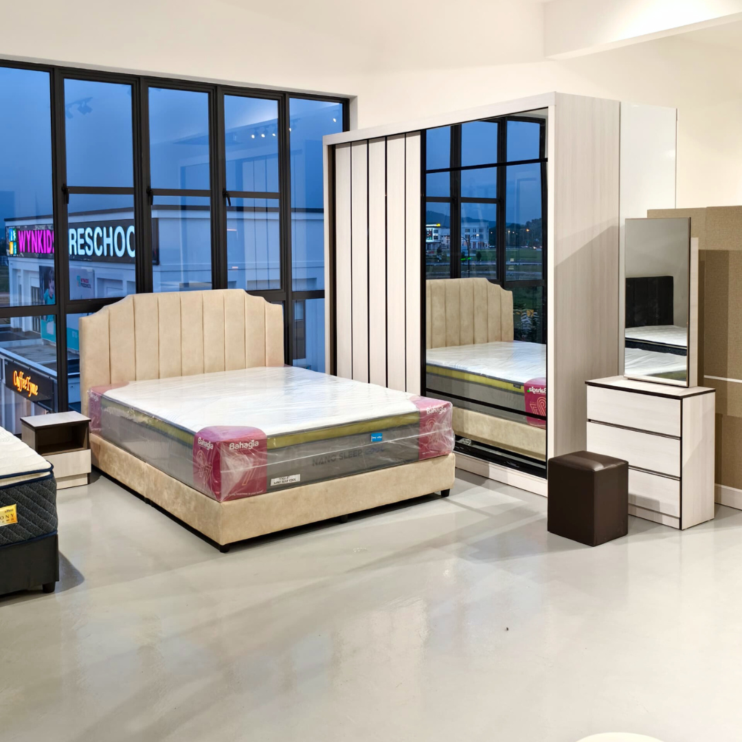 Keshui Bedroom Set ~ Bedframe + Wardrobe + Dressing Table & Stool + Side Table