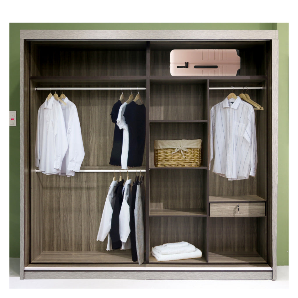Miya Anti Jump Sliding Door Wardrobe 6x8,8x8 | Melamine | Almari Anti-Jump