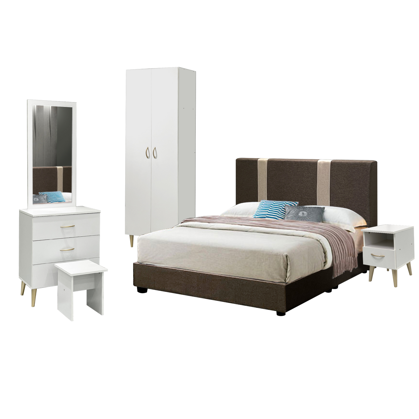 Inari Bedroom set - Queen Bedframe + 2 Doors Wardrobe + Dressing Table & Stool