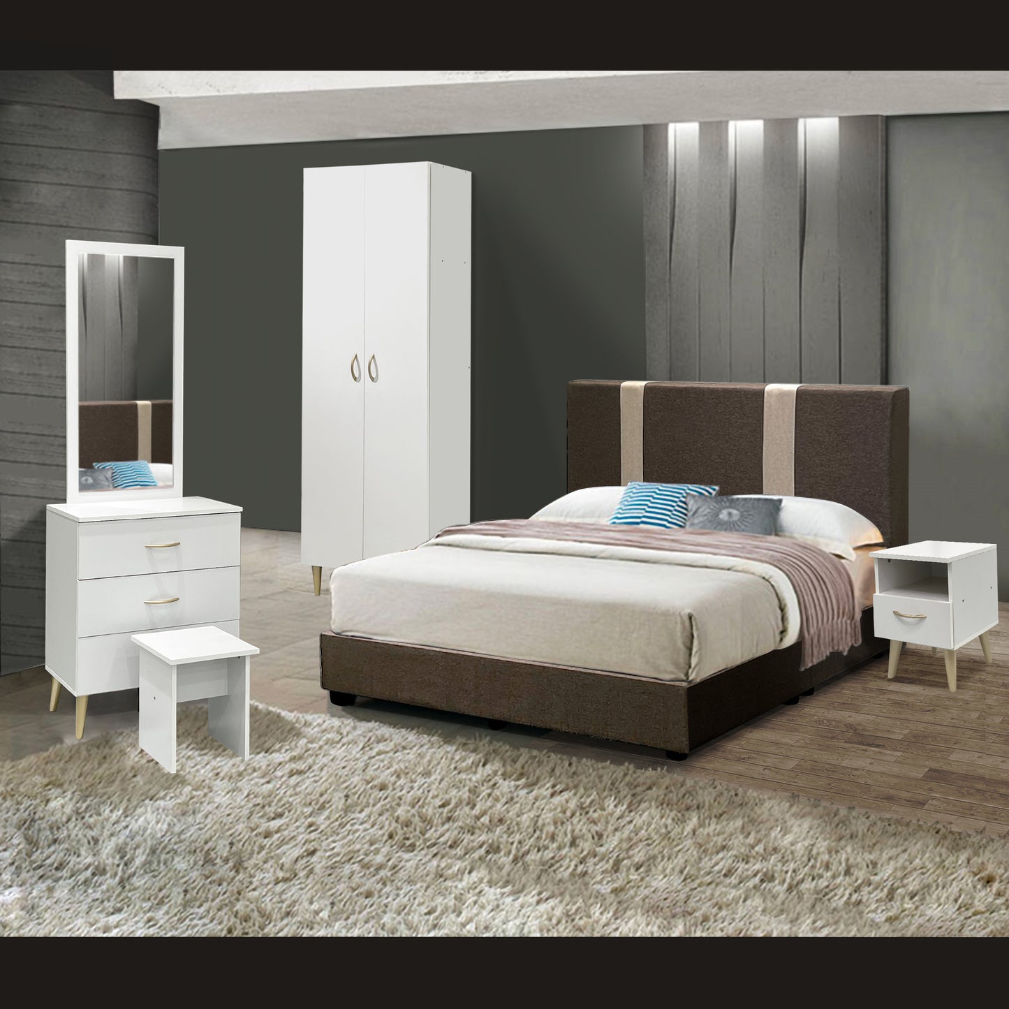Inari Bedroom set - Queen Bedframe + 2 Doors Wardrobe + Dressing Table & Stool