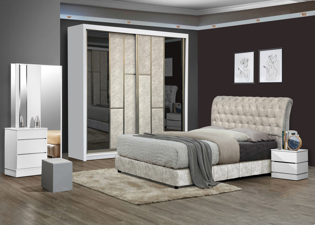 Diamond White Bedroom Set-Bedframe +Wardrobe +Dressing Table&Stool +Side Table
