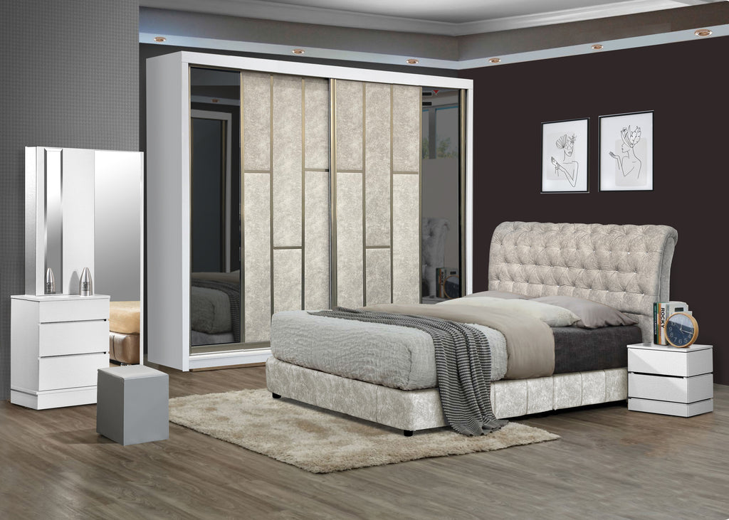Diamond White Bedroom Set-Bedframe +Wardrobe +Dressing Table&Stool +Side Table
