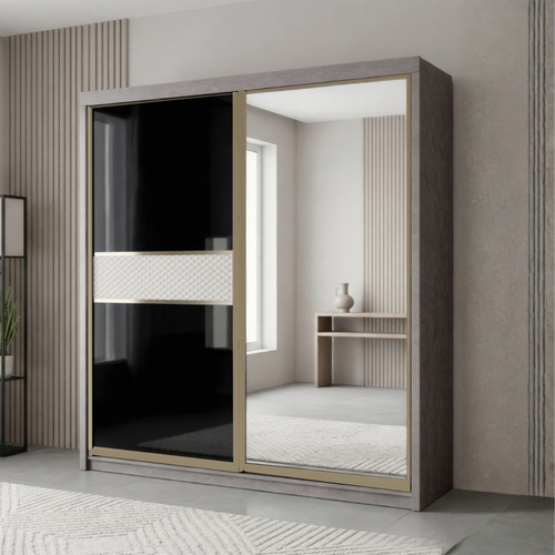 Brandon 8/6/5x8ft Wardrobe - 1 Black Glass + 1 Mirror Door | B 140-26