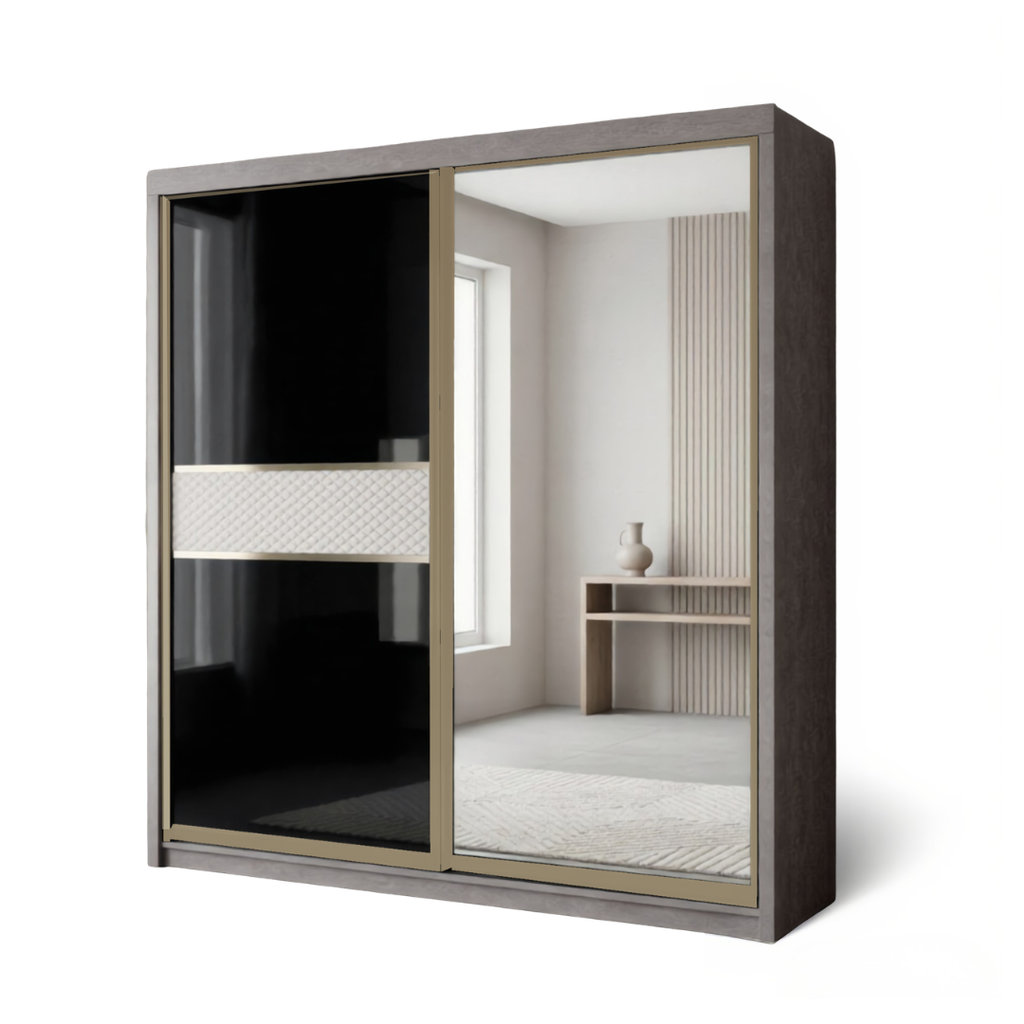 Brandon 8/6/5x8ft Wardrobe - 1 Black Glass + 1 Mirror Door | B 140-26