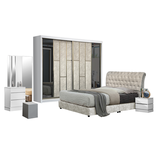 Diamond White Bedroom Set-Bedframe +Wardrobe +Dressing Table&Stool +Side Table