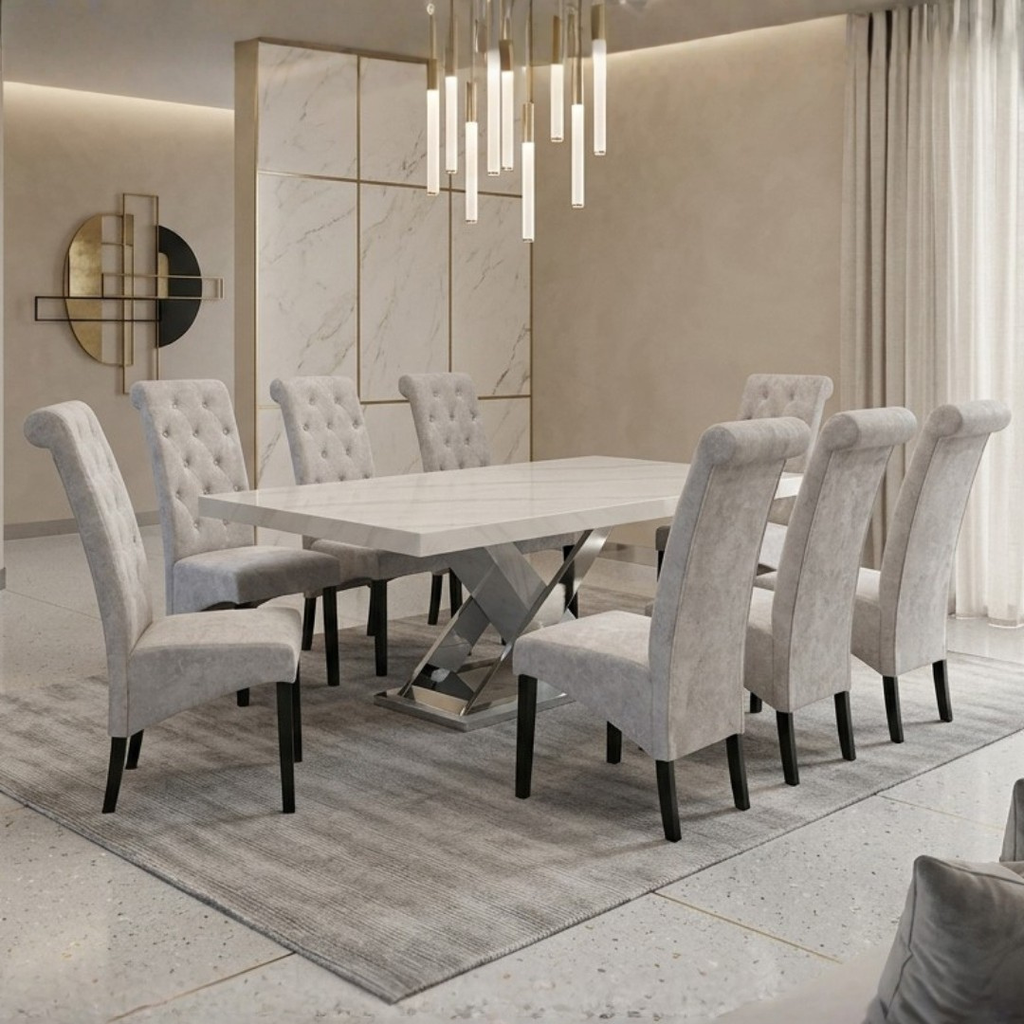 Janelle 8s Marble Dining Set | B156-80-DT-MT-H06-G + 126-05-WH
