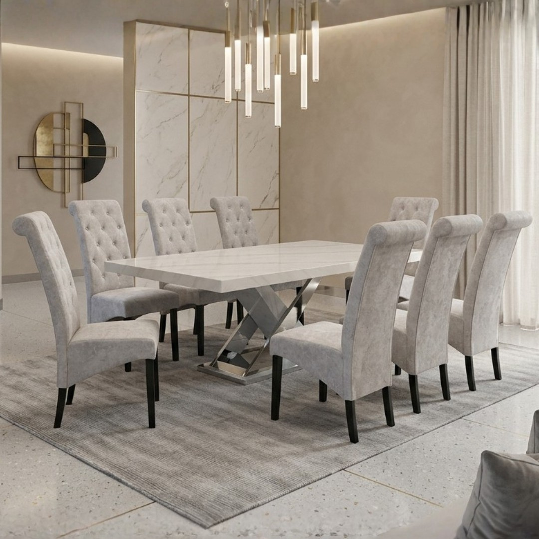 Janelle 8s Marble Dining Set | B156-80-DT-MT-H06-G + 126-05-WH