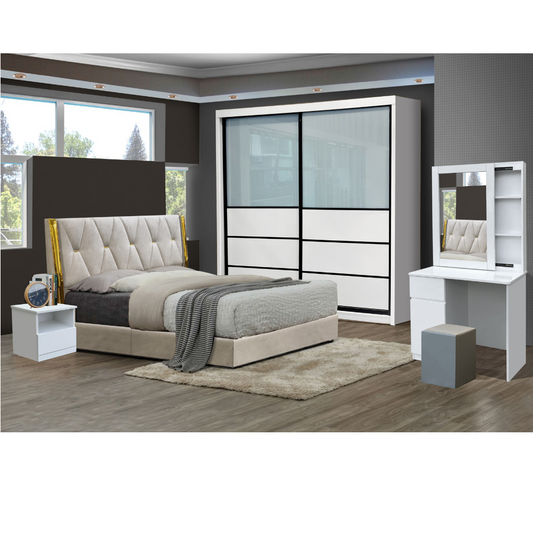 Wednes Bedroom Set ~ Bedframe + Wardrobe + Dressing Table & Stool + Side Table